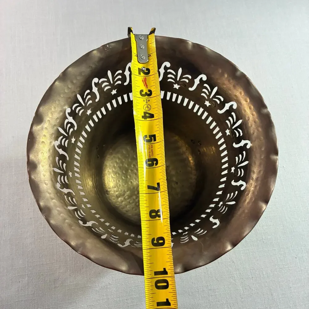 Vintage Solid Brass Planter Cachepot Jardiniere Pierced Footed Made In India